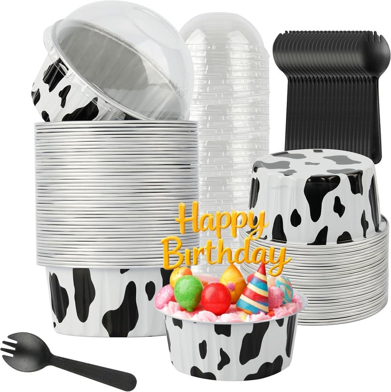 BAKINGPAK Aluminum Foil Baking Cups With Lids, 50pcs 4oz Disposable Ramekins Aluminum Pans Mini Cake Pans Cake Cups Thanksgiving, COW LINES, HG01AP125ACWX50 - Image 1